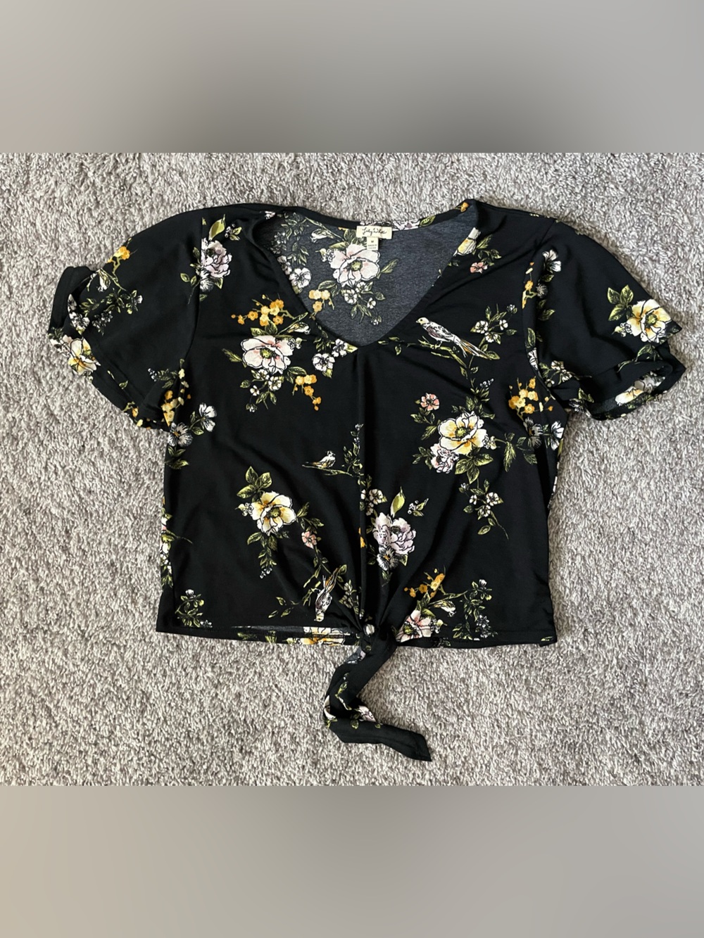 Lily White Black Floral Tie-Front Blouse